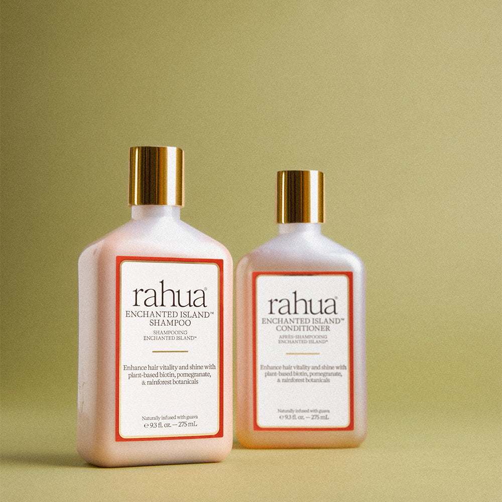 Several bottles of Rahua Shampoos and conditioners.