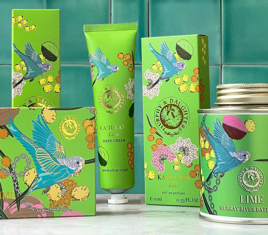 Murphy and Daughter's Bath Salt, hand cream and bar soap with a teal bathroom tile background.