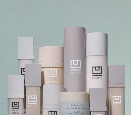 10 U Beauty products against a greenish background.