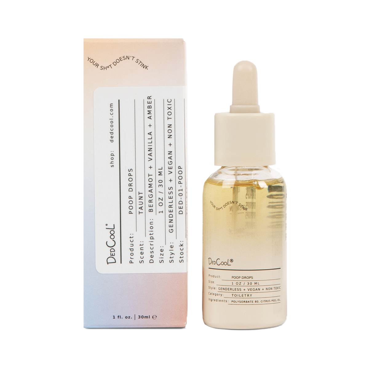 Dedcool Poop drops 'Taunt' dropper bottle with box aside it.