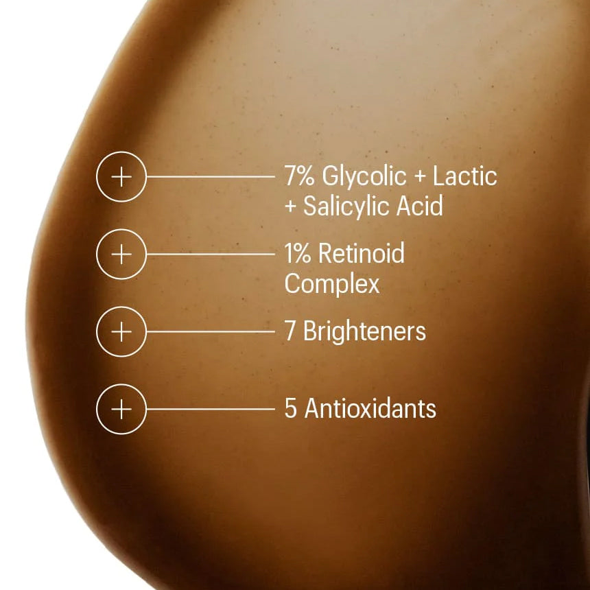 Close-up of product with text detailing skincare ingredients on a beige background