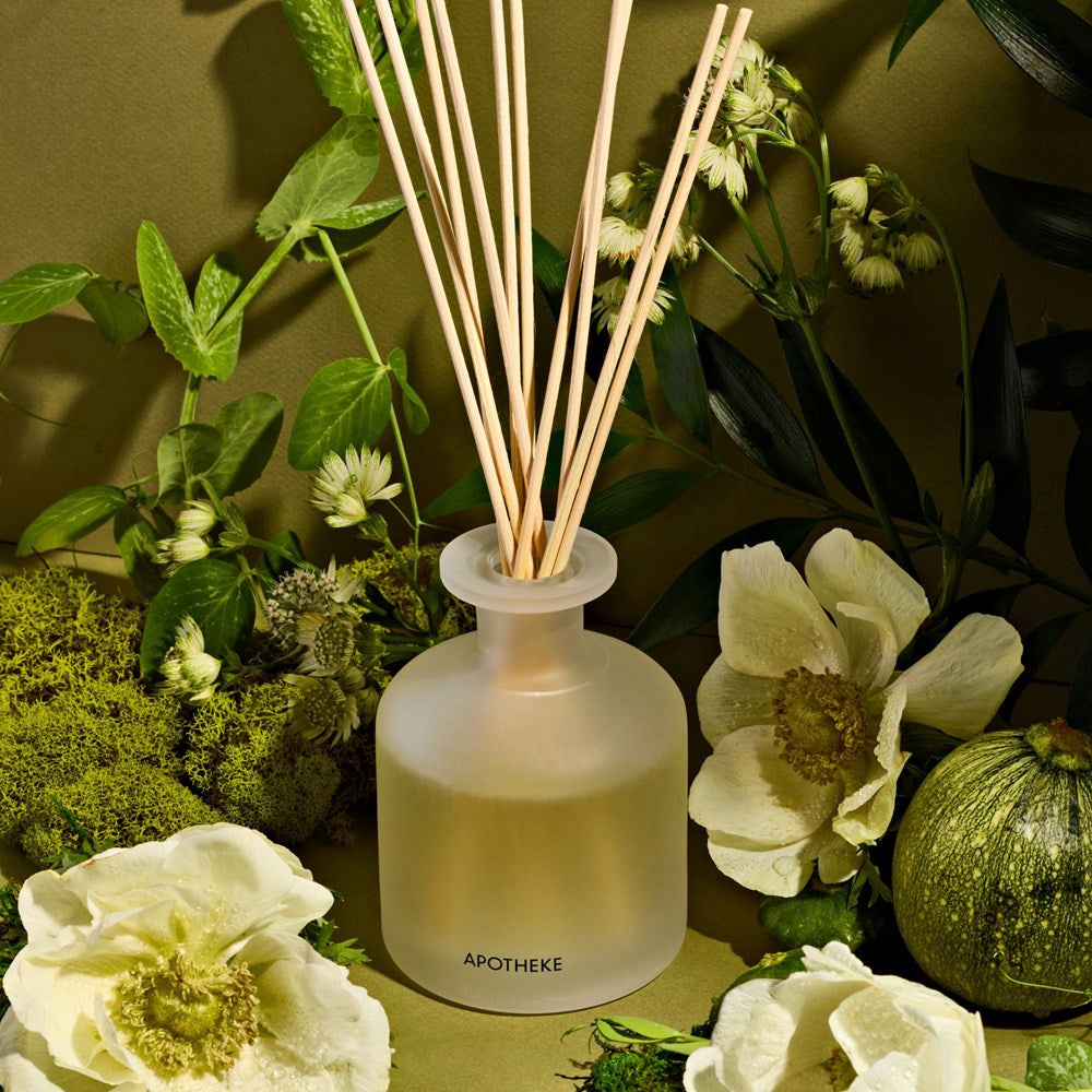 Apotheke Verdant Garden reed diffuser with a clear bottle, beige liquid, and brown reed sticks, amongst green plants.