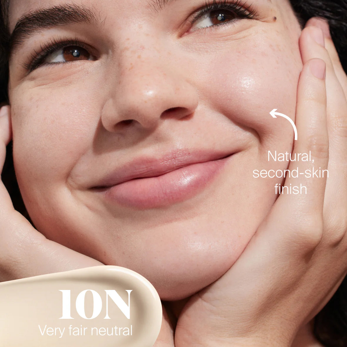 Close-up of a woman's face with a product labeled '10N Very fair neutral' applied, emphasizing a natural finish.