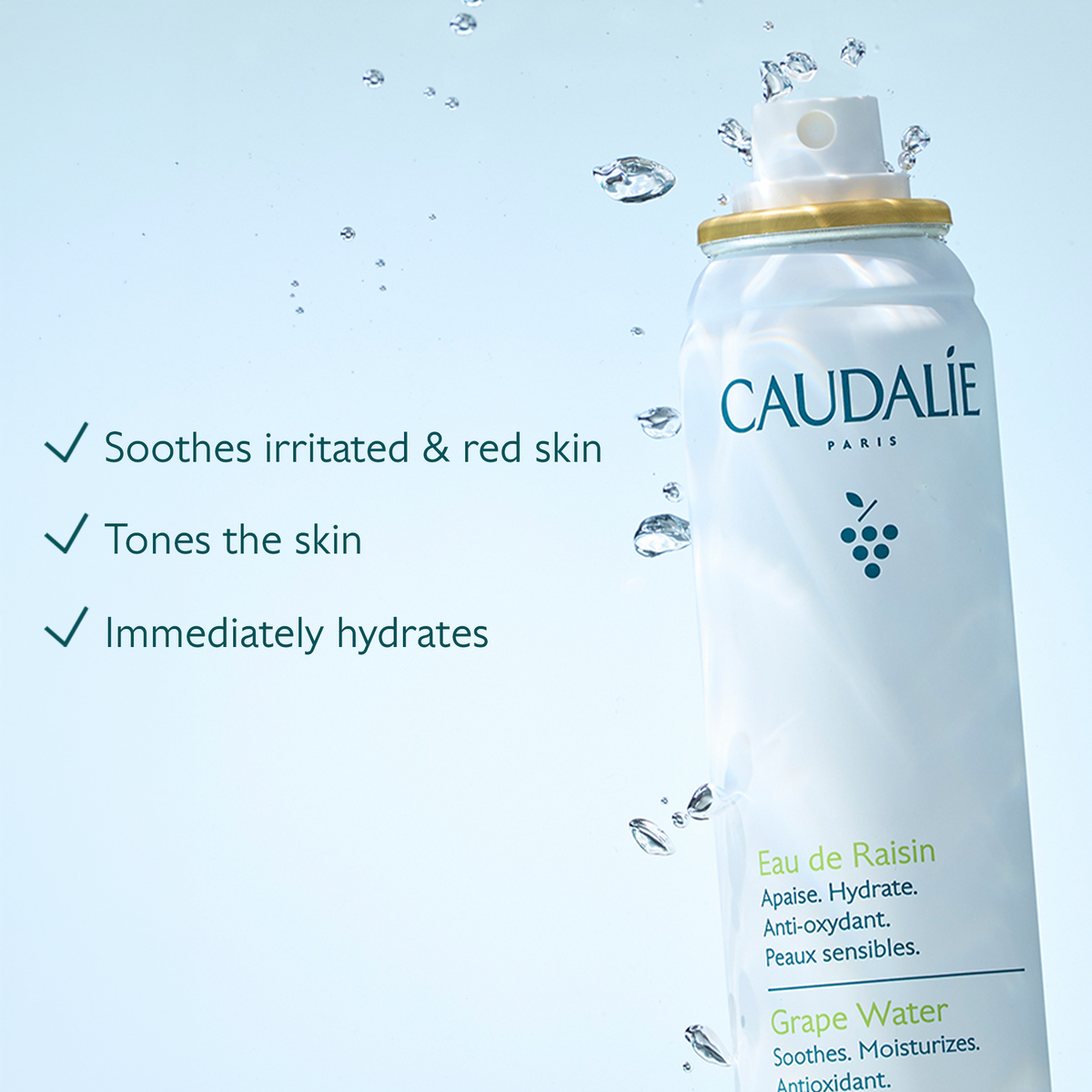 Caudéalé skincare product with text highlighting benefits on a light blue background