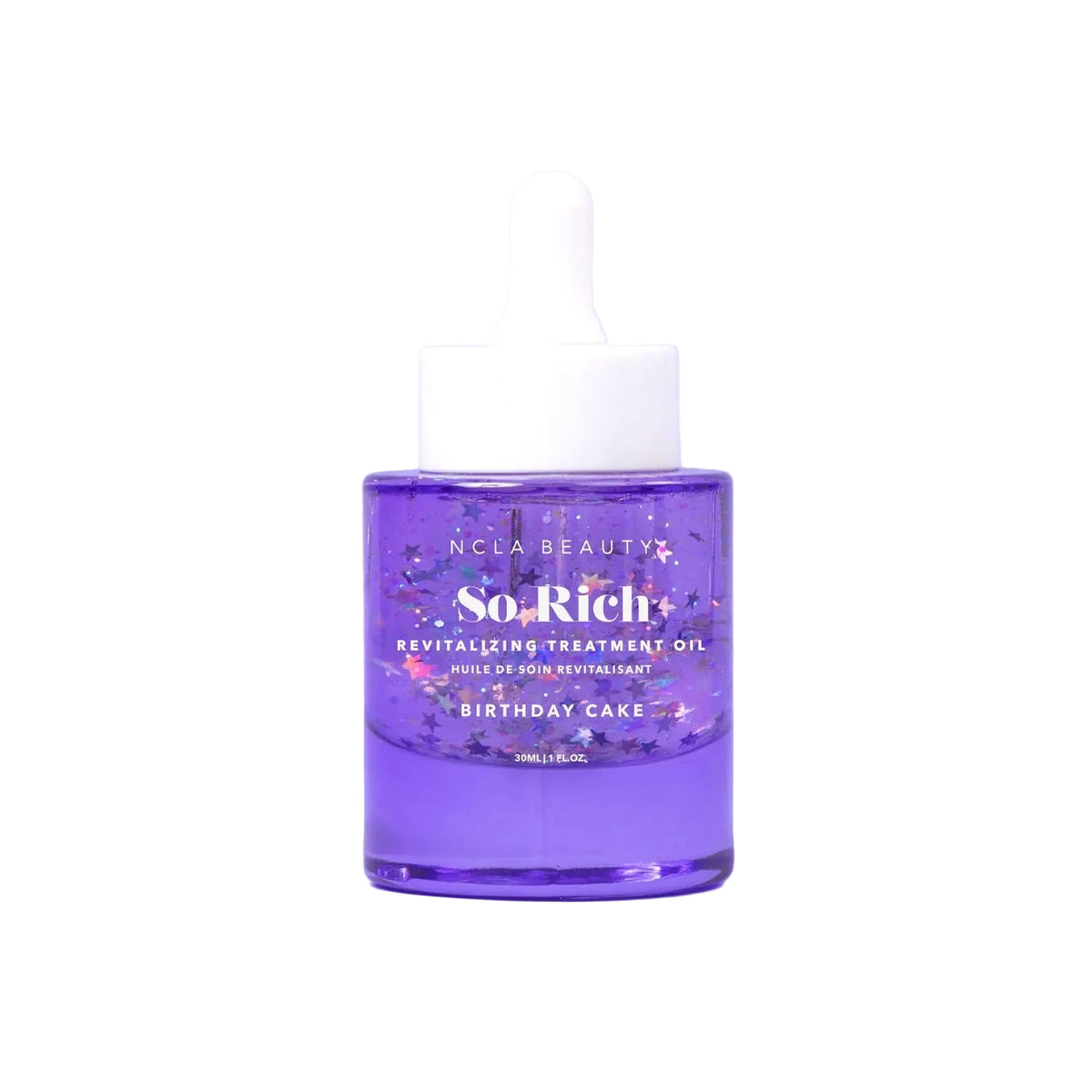 Purple bottle of 'So.Rich' oil with a dropper on a white background