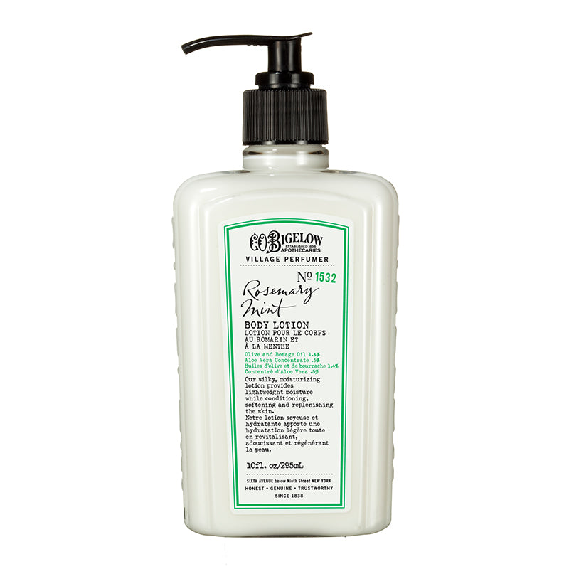 C.O. Bigelow Rosemary Mint body lotion 1532 in front of a white background.