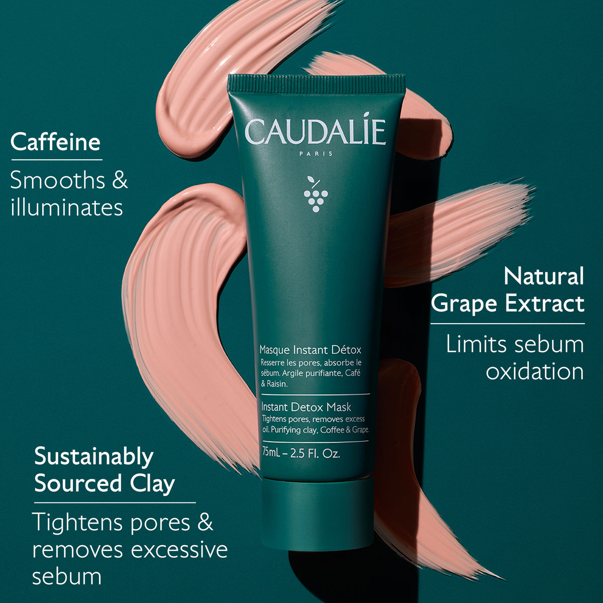 Caudélie skincare mask with product details on a teal background