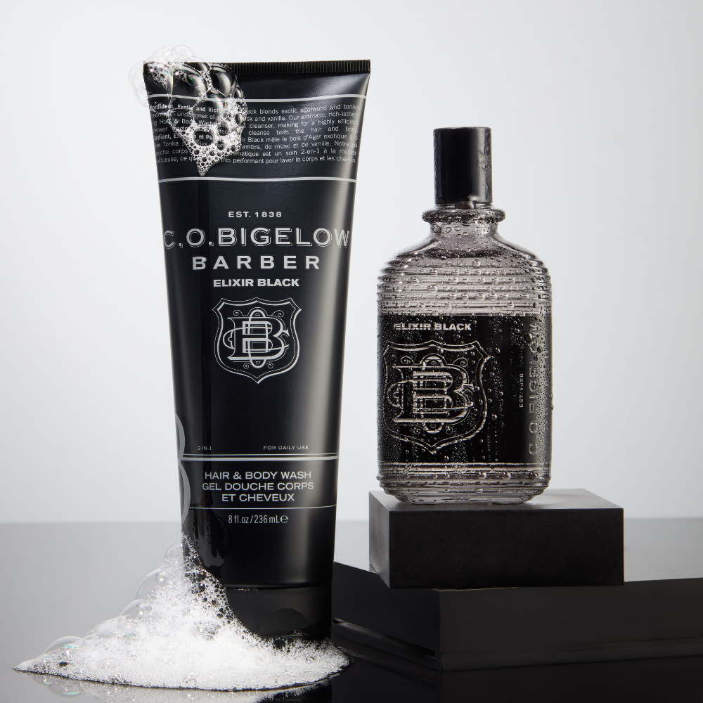 Bigelow Barber Elixir Black Hair & Body Wash alongside CO Bigelow Elixir Black Cologne on white background 