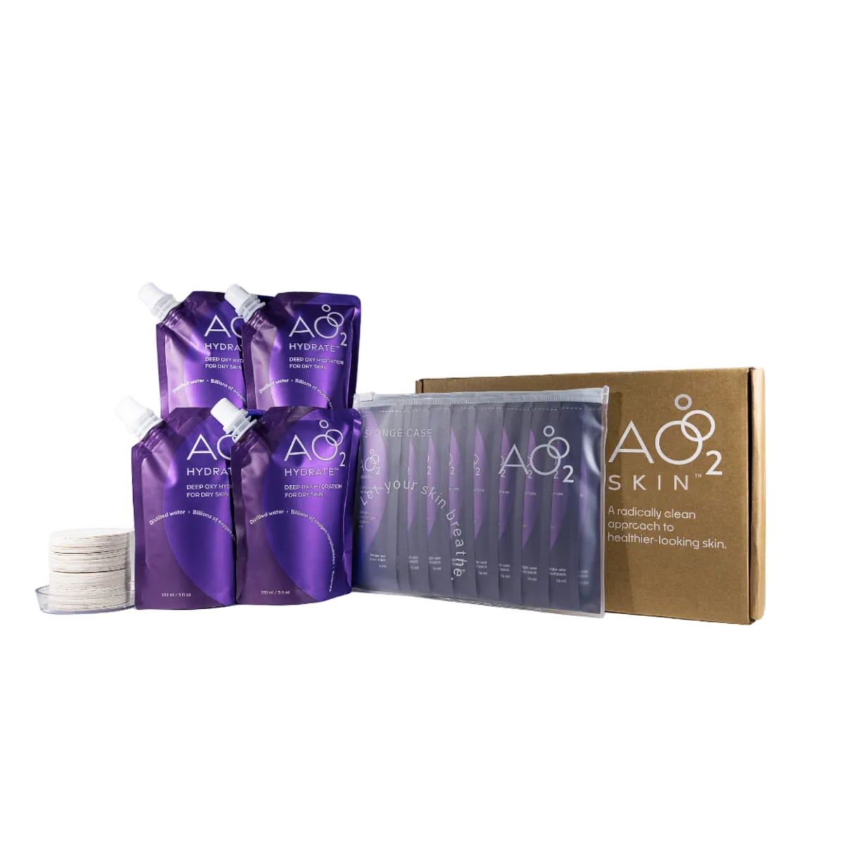 AO2 skincare products including purple pouches and a cardboard box on a white background