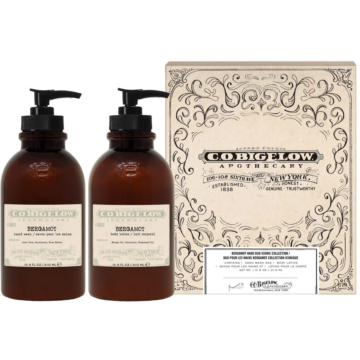 Two brown bottles with pump dispensers and a decorative box labeled 'Co. Bigelow Apothecary' on a white background.
