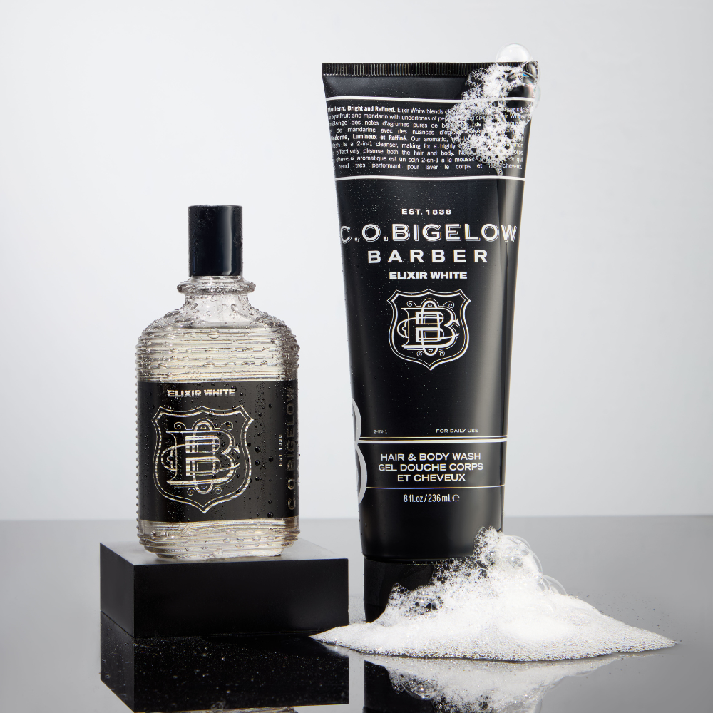 Bigelow Barber 1607 Elixir White Hair & Body Wash alongside CO Bigelow Elixir White Cologne 