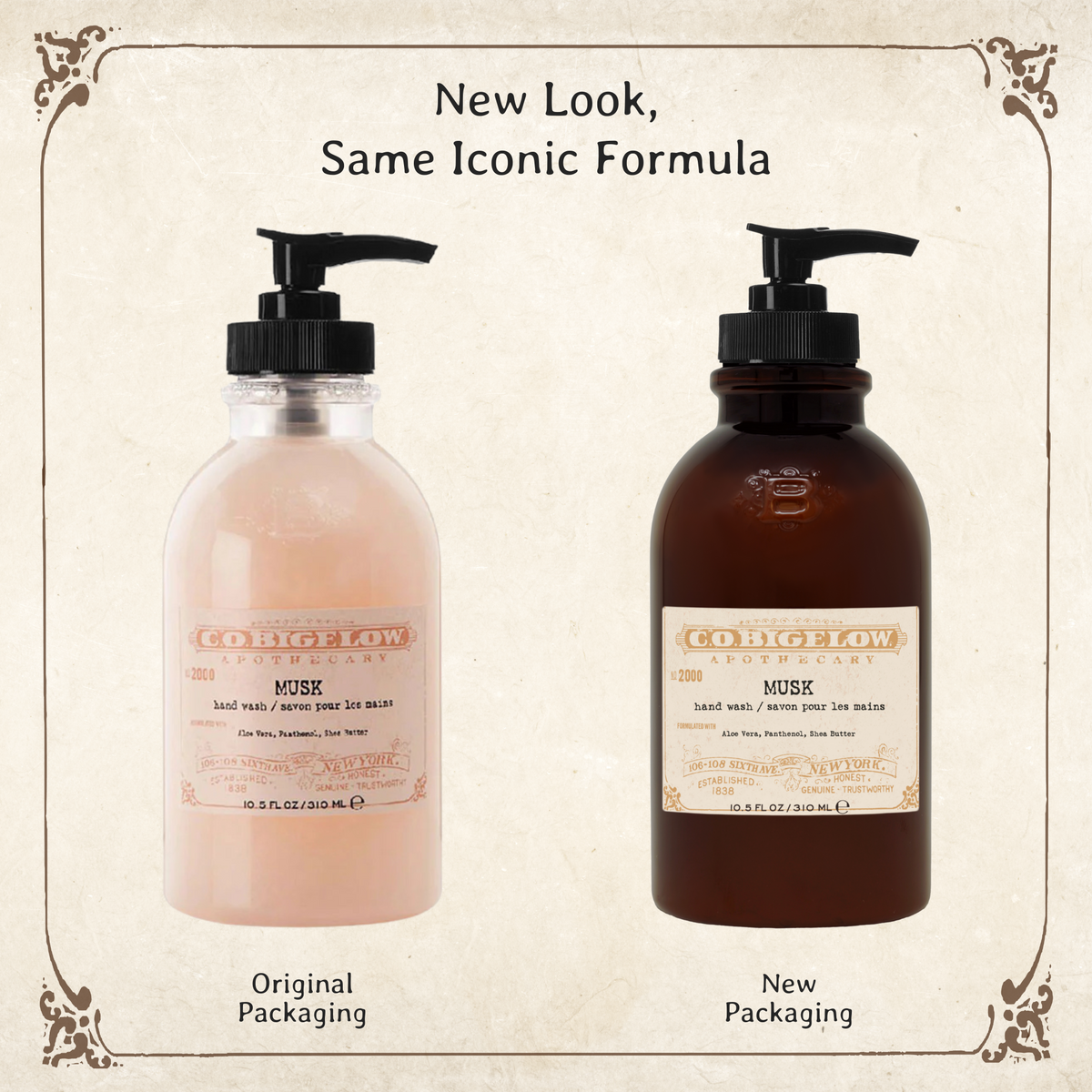 C.O. Bigelow Musk Hand Wash in original packaging on left, and in new amber pump bottle on the right.  