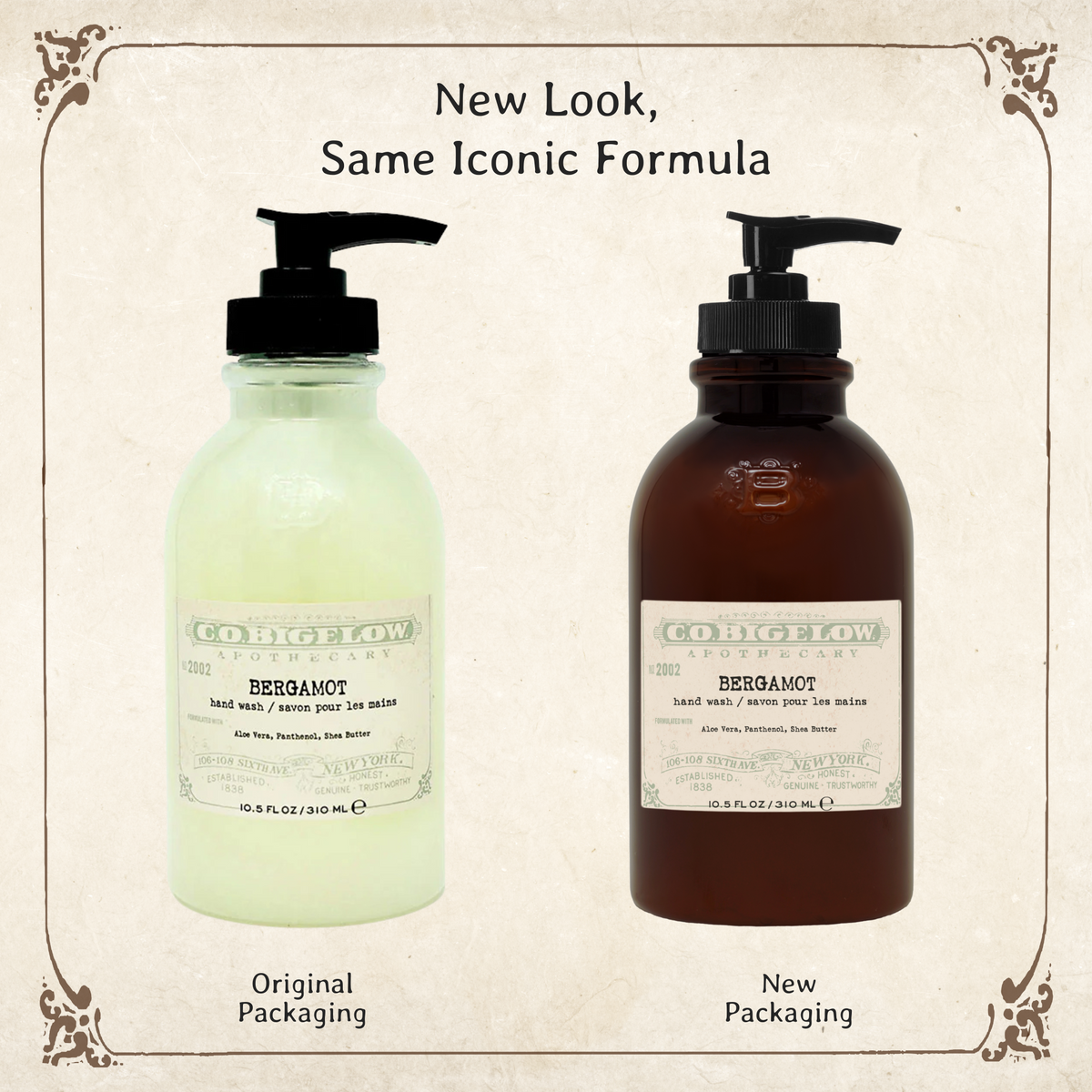 C.O. Bigelow Bergamot Hand Wash in original packaging on left, and in new amber pump bottle on the right.  