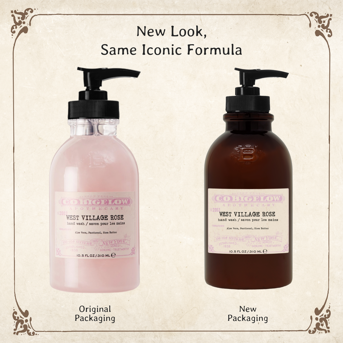 C.O. Bigelow West Village Rose Hand Wash in original packaging on left, and in new amber pump bottle on the right.  