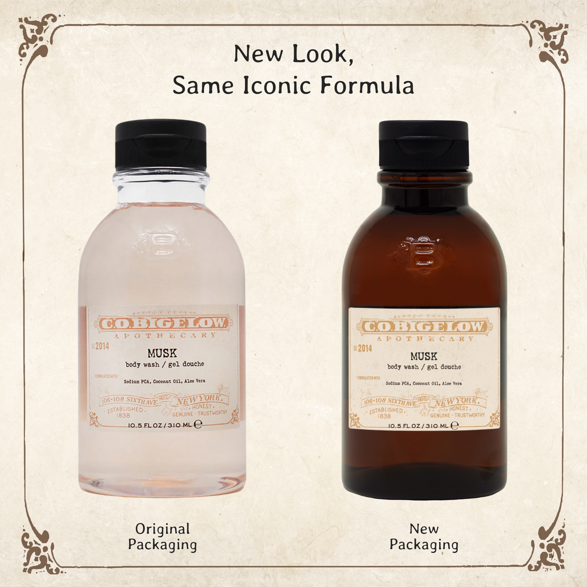 C.O. Bigelow Musk Body Wash in original packaging on left, and in new amber bottle on the right.  