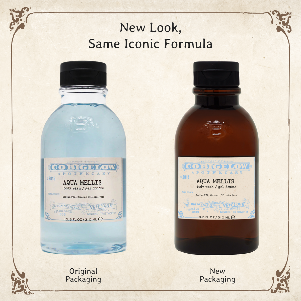C.O. Bigelow Aqua Mellis Body Wash in original packaging on left, and in new amber bottle on the right.  