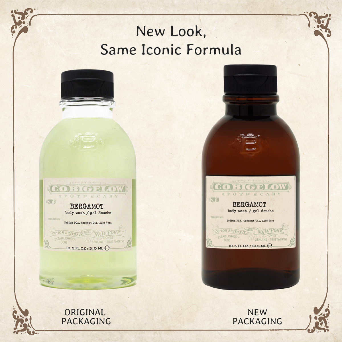 C.O. Bigelow Bergamot Body Wash in original packaging on left, and in new amber bottle on the right.  