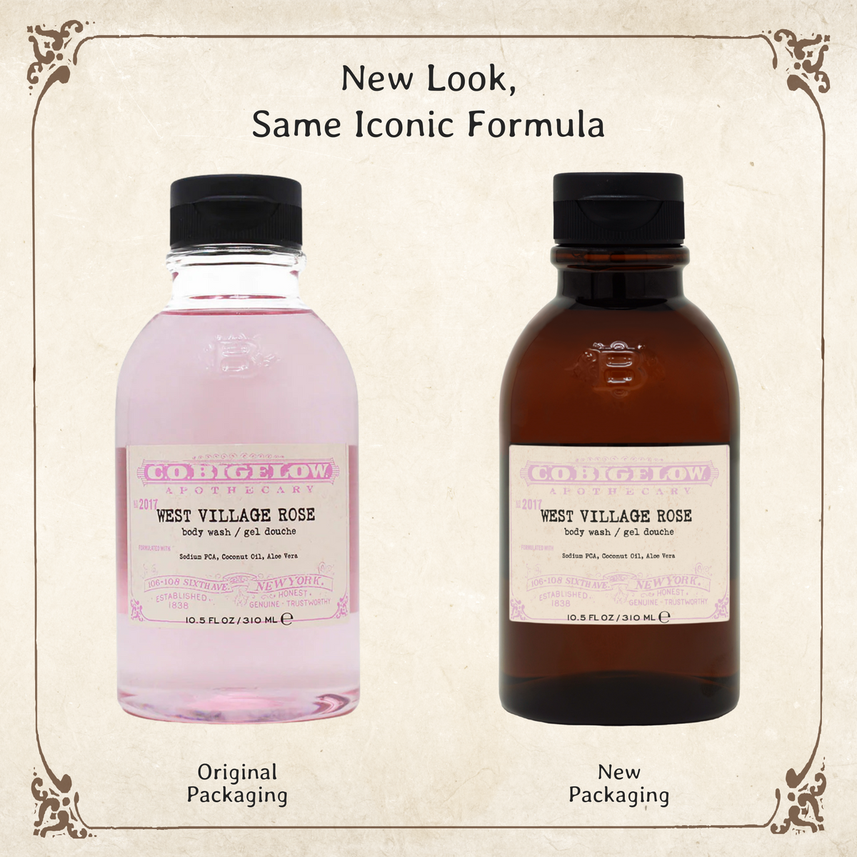 C.O. Bigelow West Village Rose Body Wash in original packaging on left, and in new amber bottle on the right.  