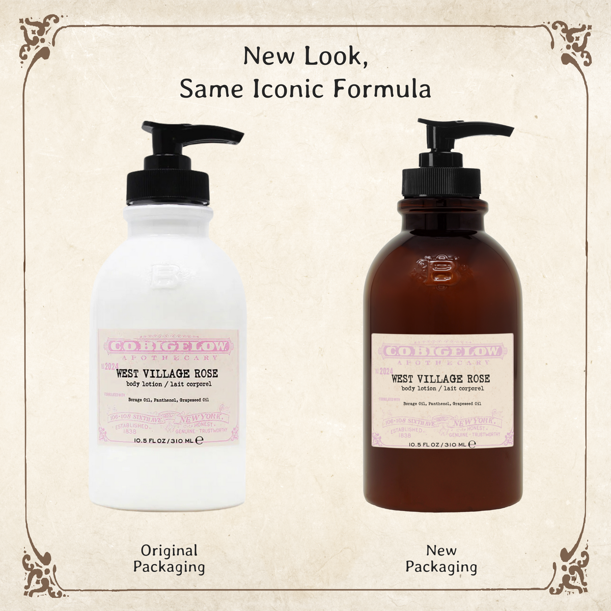 C.O. Bigelow West Village Rose Body Lotion in original packaging on left, and in new amber pump bottle on the right.  