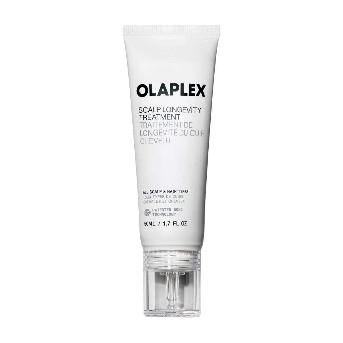 A 1.7 fl oz white squeeze tube of Olaplex Scalp Longevity Treatment with a clear cap, shown on a plain white background.