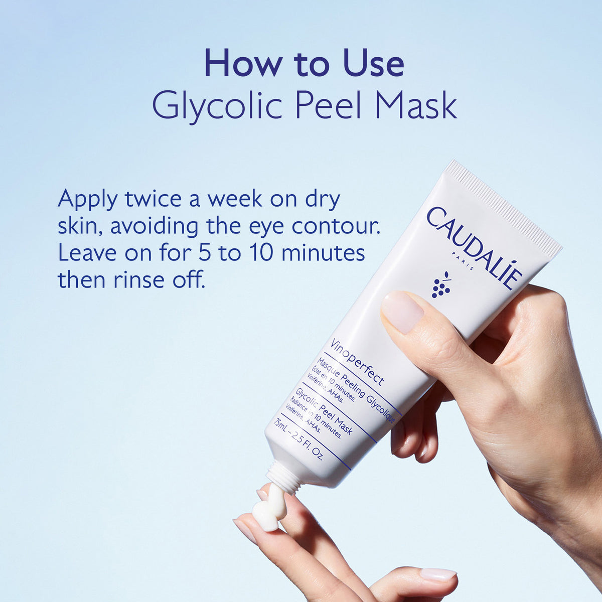 Caudalie Glycolic Peel Mask being applied with text on how to use it