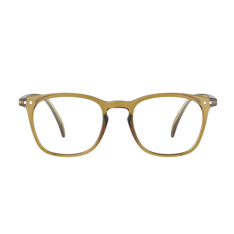 Golden green-framed eyeglasses on a white background