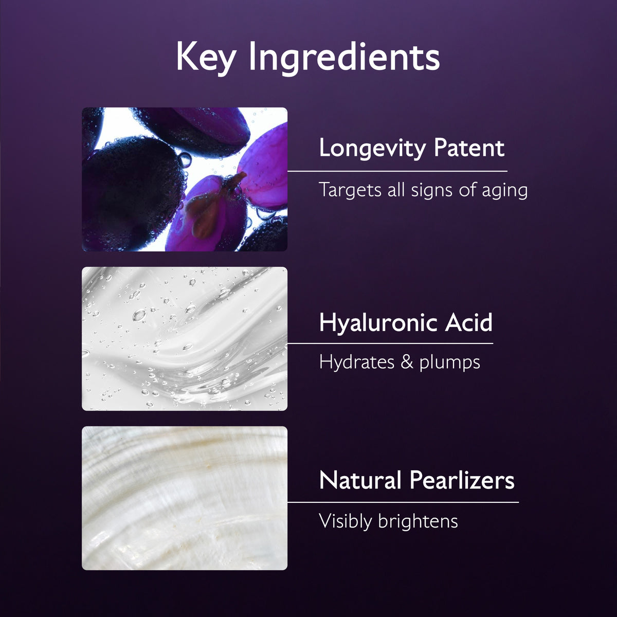 List of key ingredients with corresponding images and descriptions on a purple background