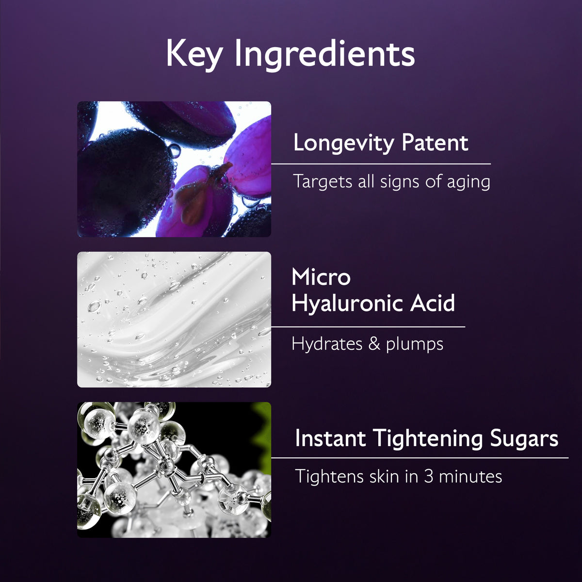 List of key ingredients with corresponding images and descriptions on a purple background