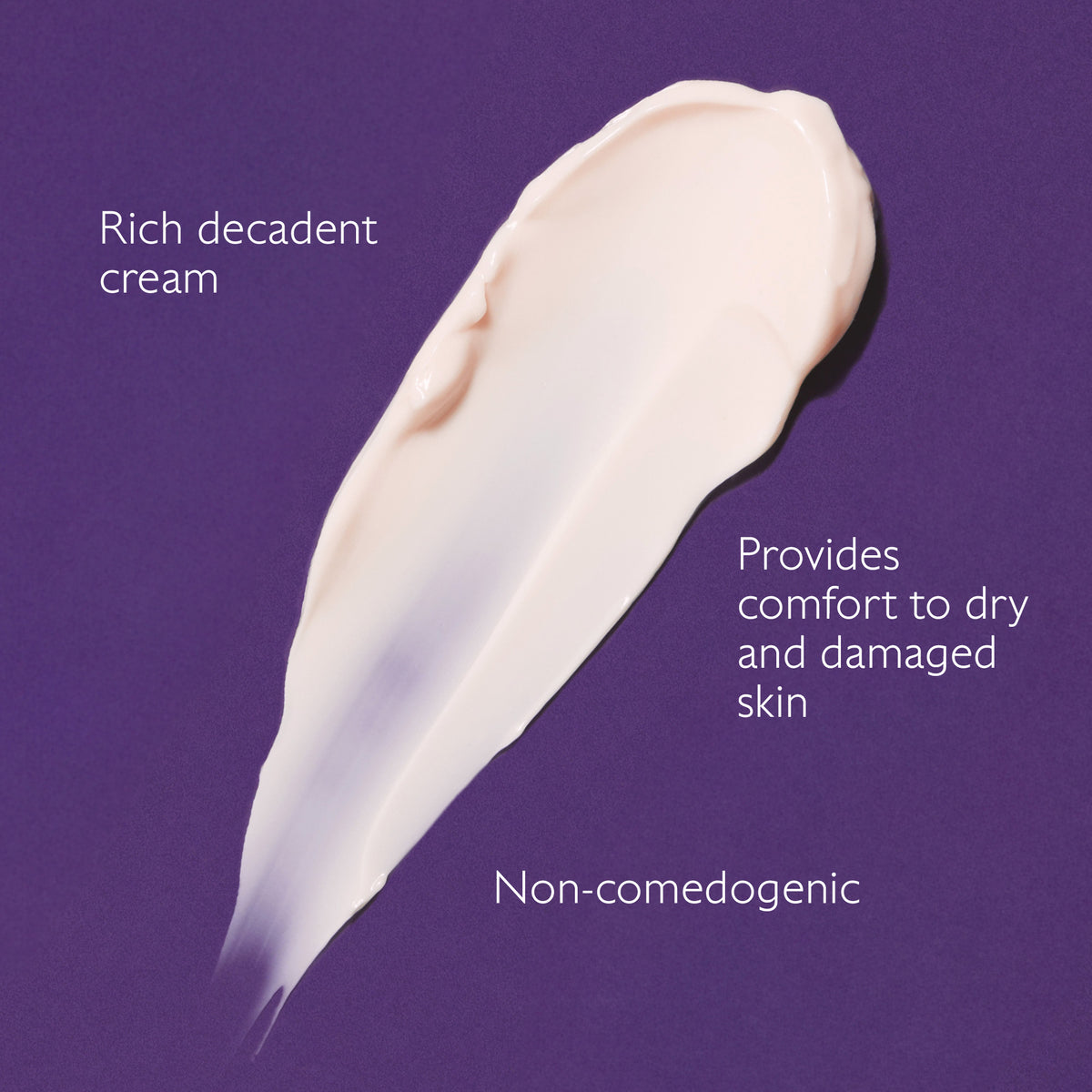 Cream swatch on a purple background with text about skin benefits
