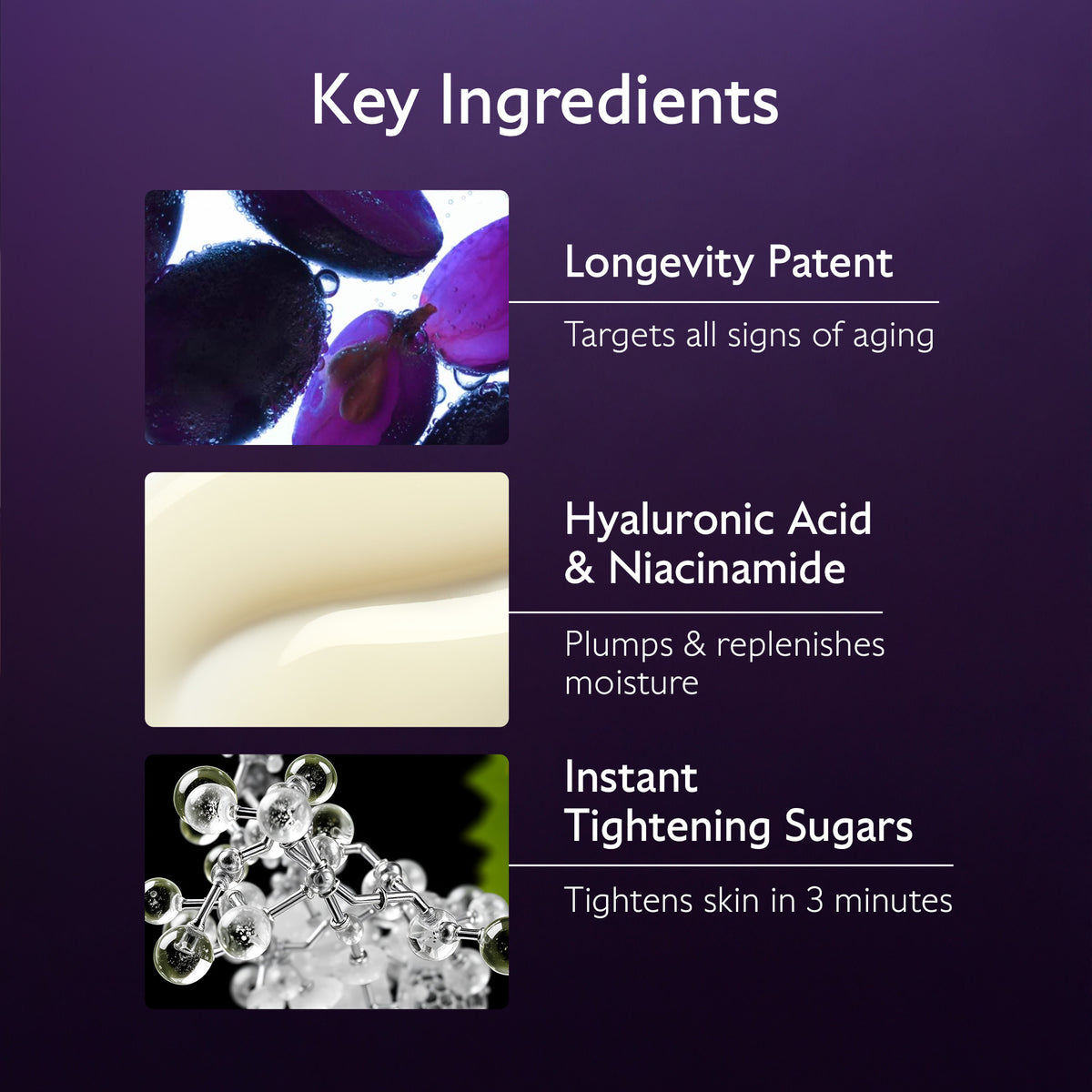 List of key ingredients with corresponding images and descriptions on a purple background