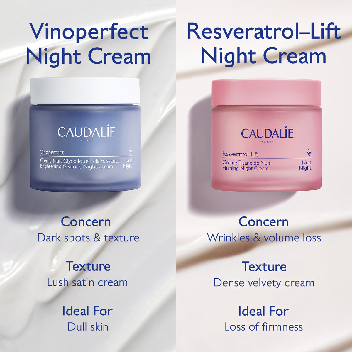 Two jars of Caudélé night cream with product details on a white background