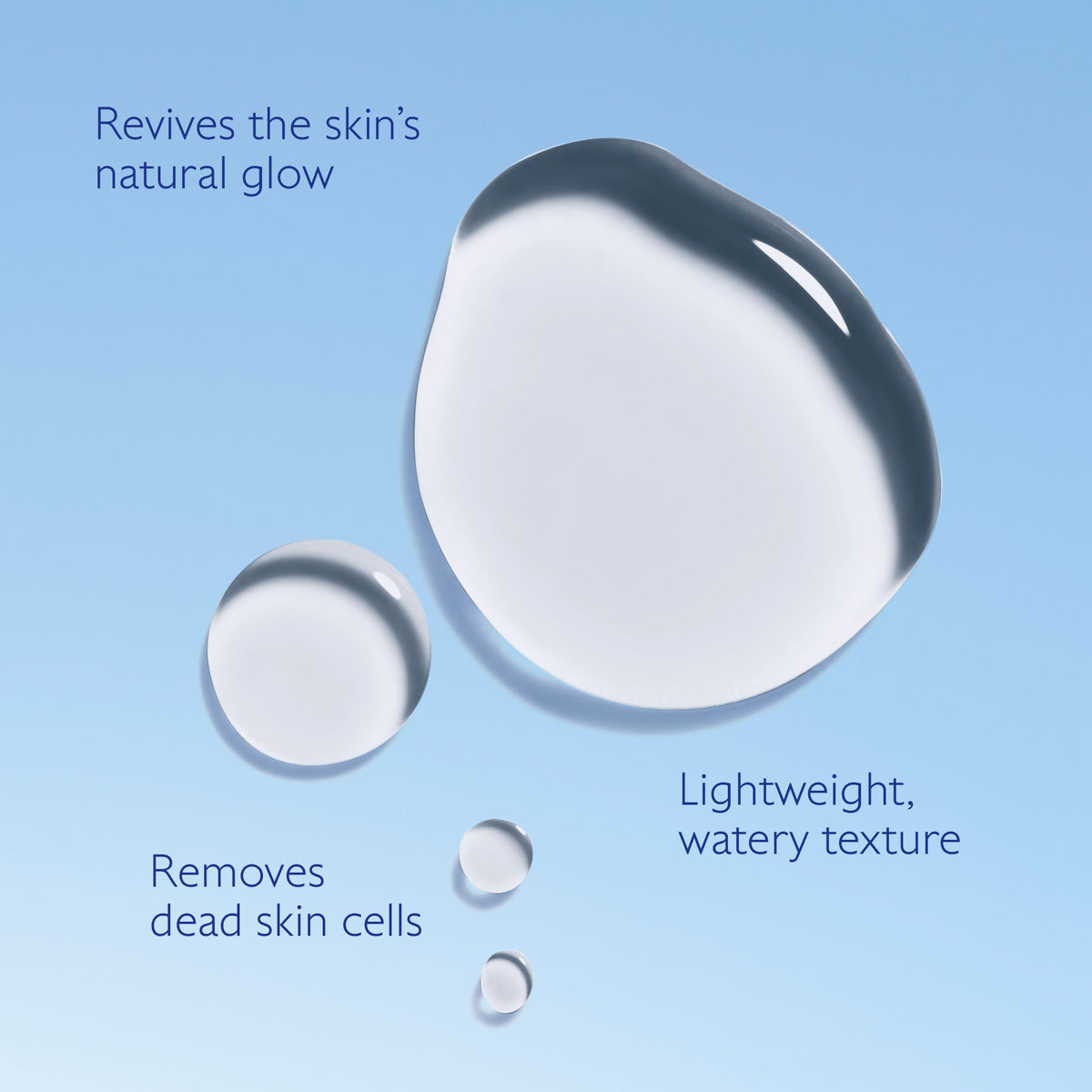 Three droplets of a skincare product on a blue background with text describing its benefits.