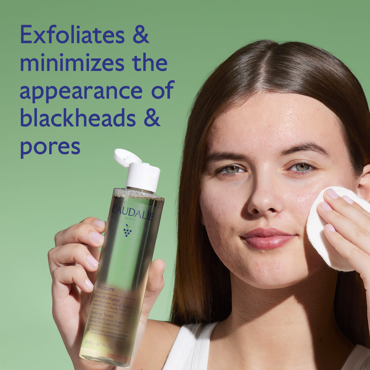 Woman applying Caudalie skincare toner product with text on a green background