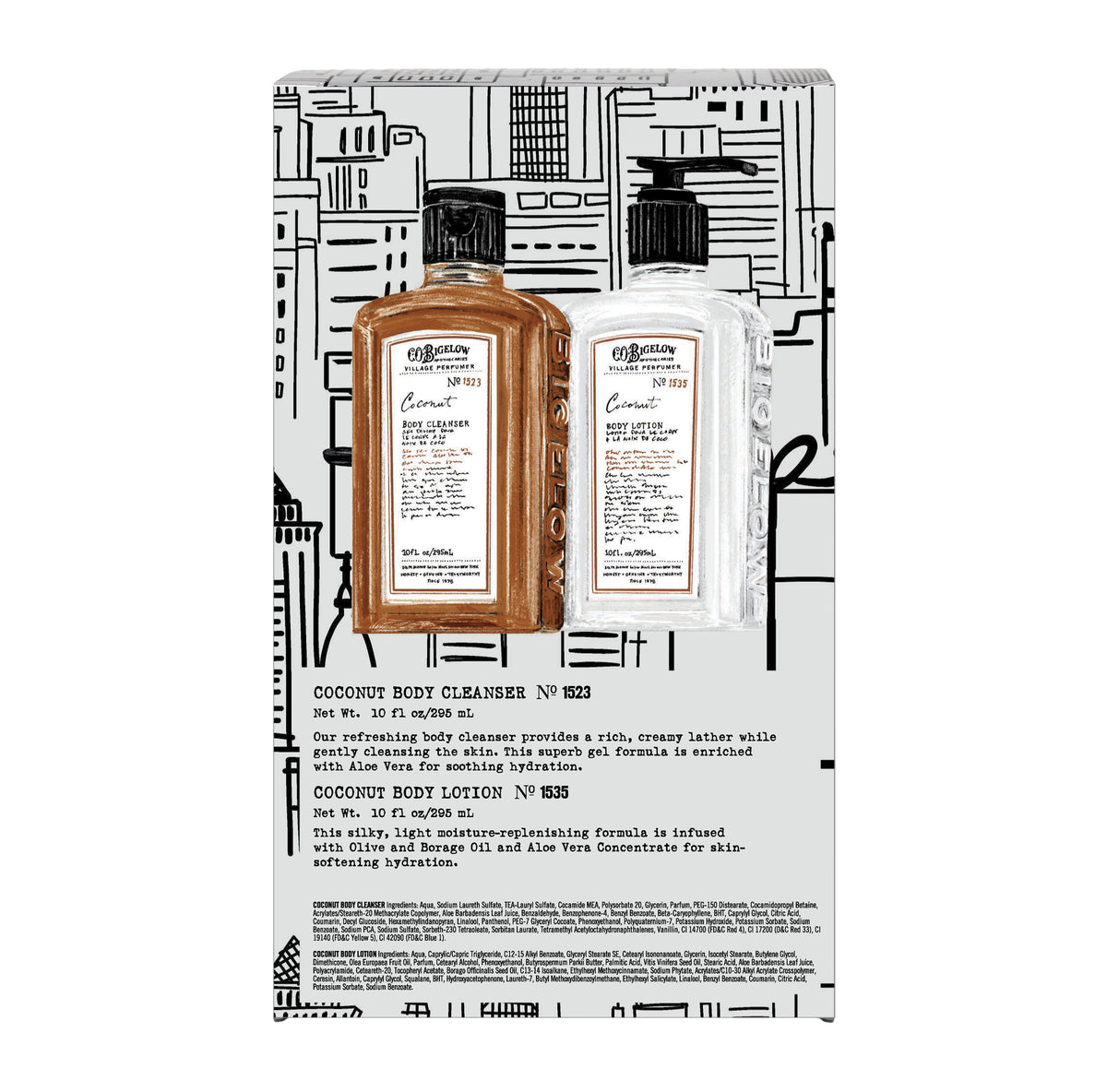 Two bottles of C.O. Bigelow body care products with a branded box on a white background.
