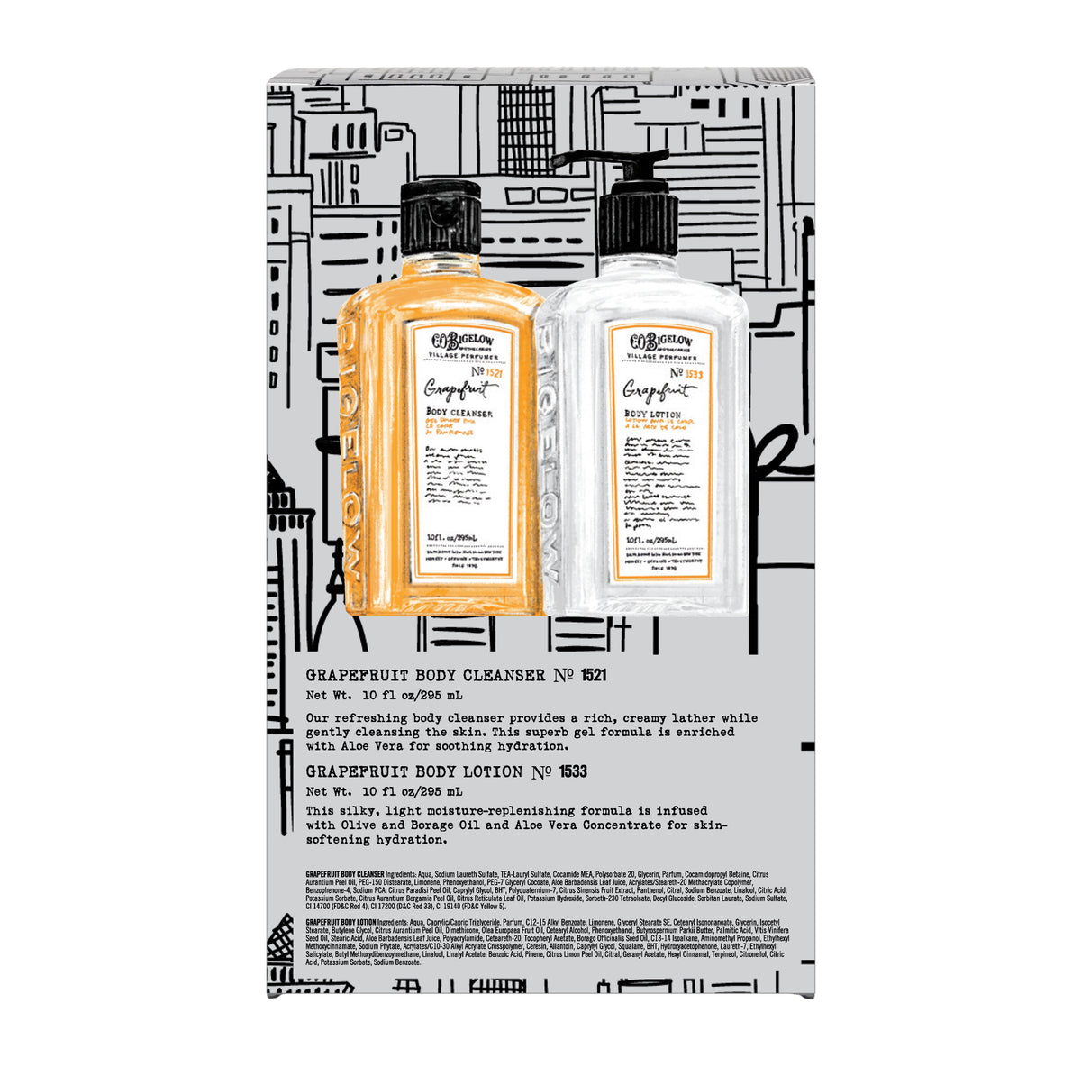 Two bottles of Grapefruit Body Cleanser and Lotion on a decorative box with black and white line art.