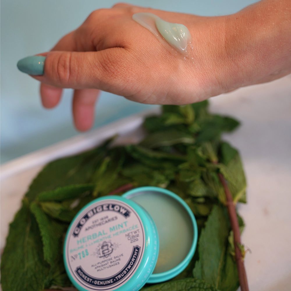 Hand swatched with C.O. Bigelow's Herbal Mint Salve in front of Mint leaves and an open tin of the product. 