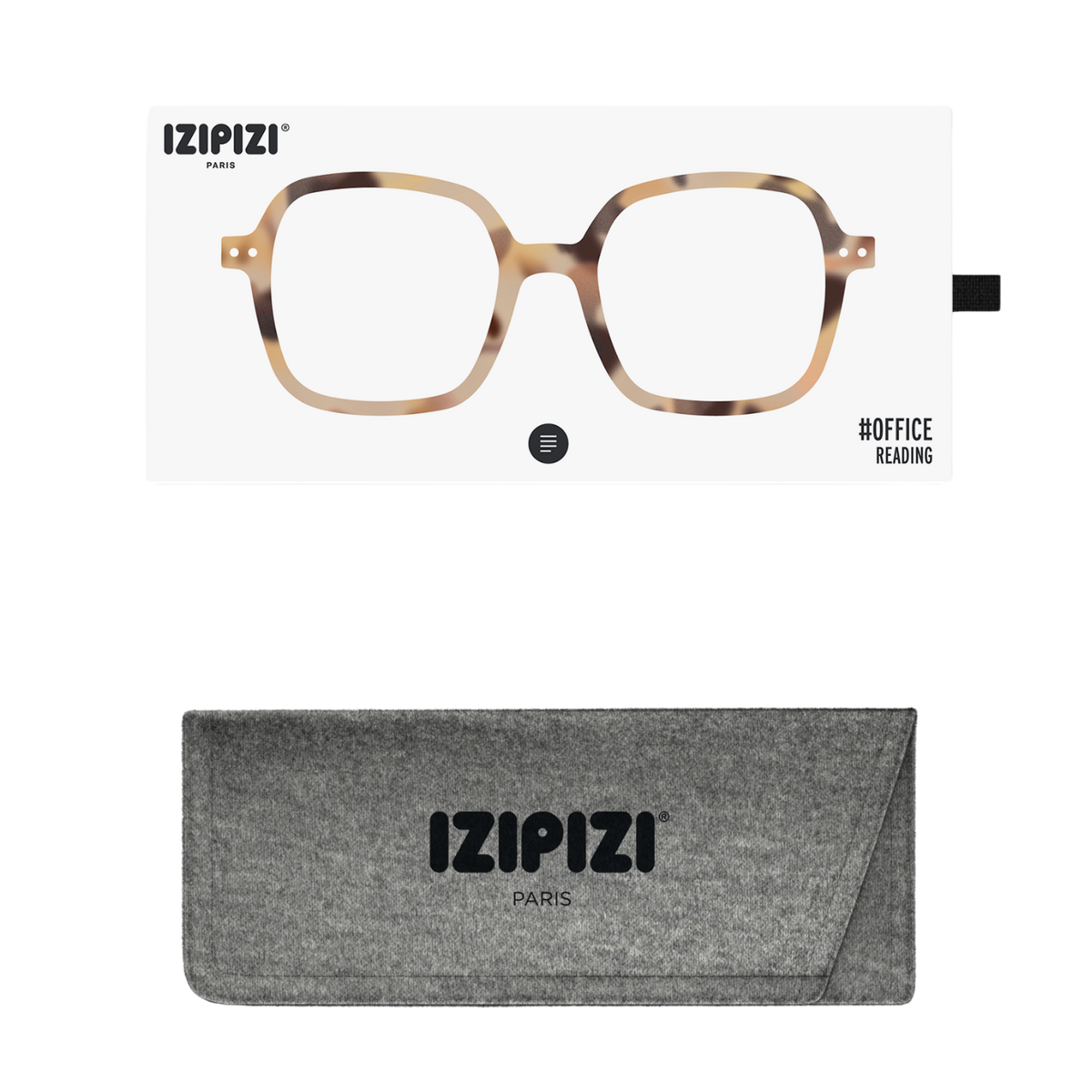 Izipizi eyeglasses with tortoiseshell frame and gray case on a white background