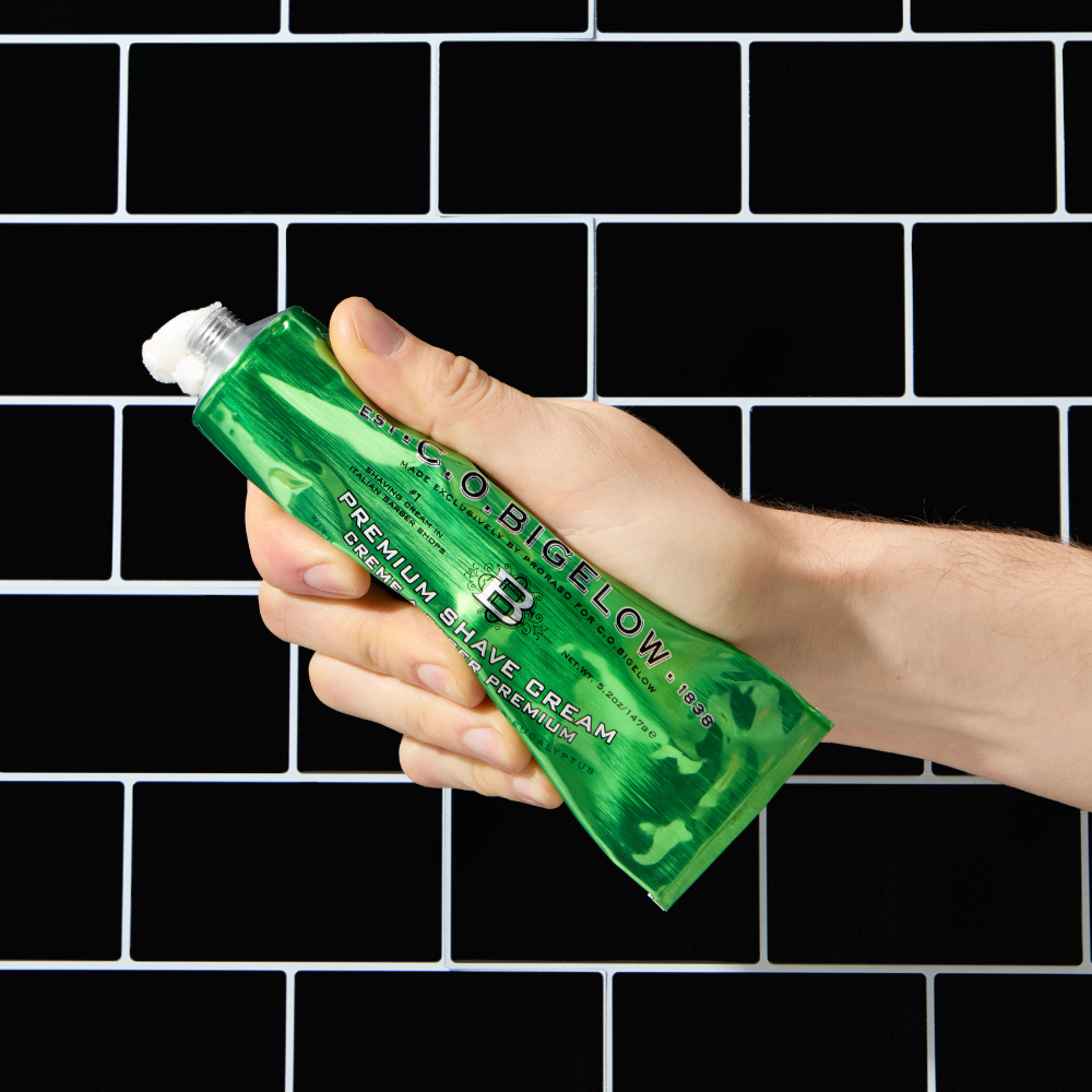 CO Bigelow Premium Shaving Cream on black tile 
