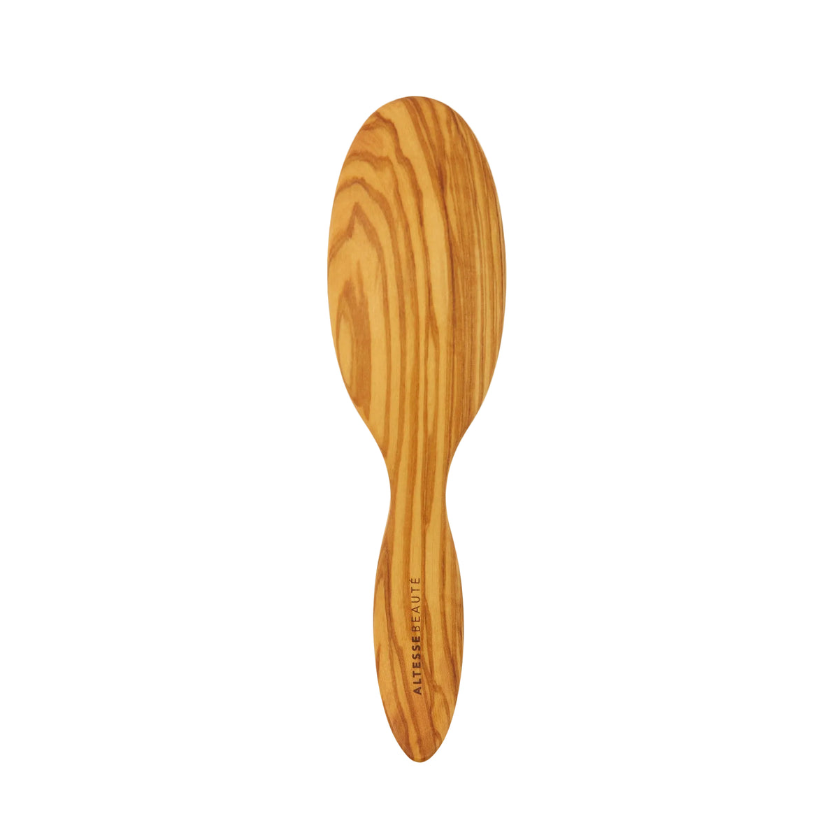 An olive wood hairbrush with a natural grain pattern, shown vertically against a plain off-white background. The brand name '' is debossed on the handle.