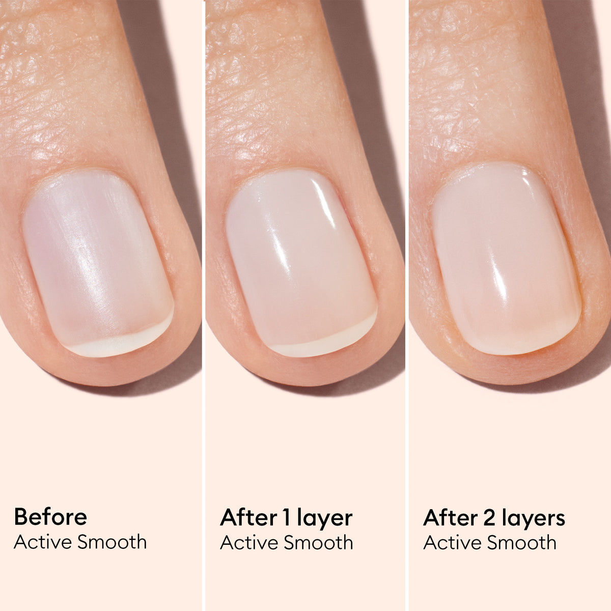 Manucurist Active Smooth before, after 1 layer, and after 2 layers.
