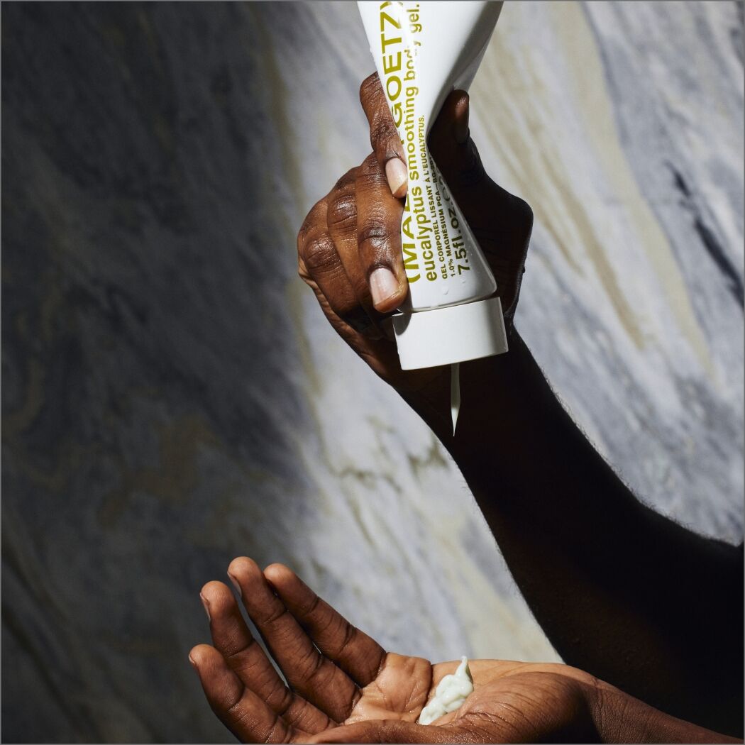 Eucalyptus Smoothing Body Gel being applied to hands 