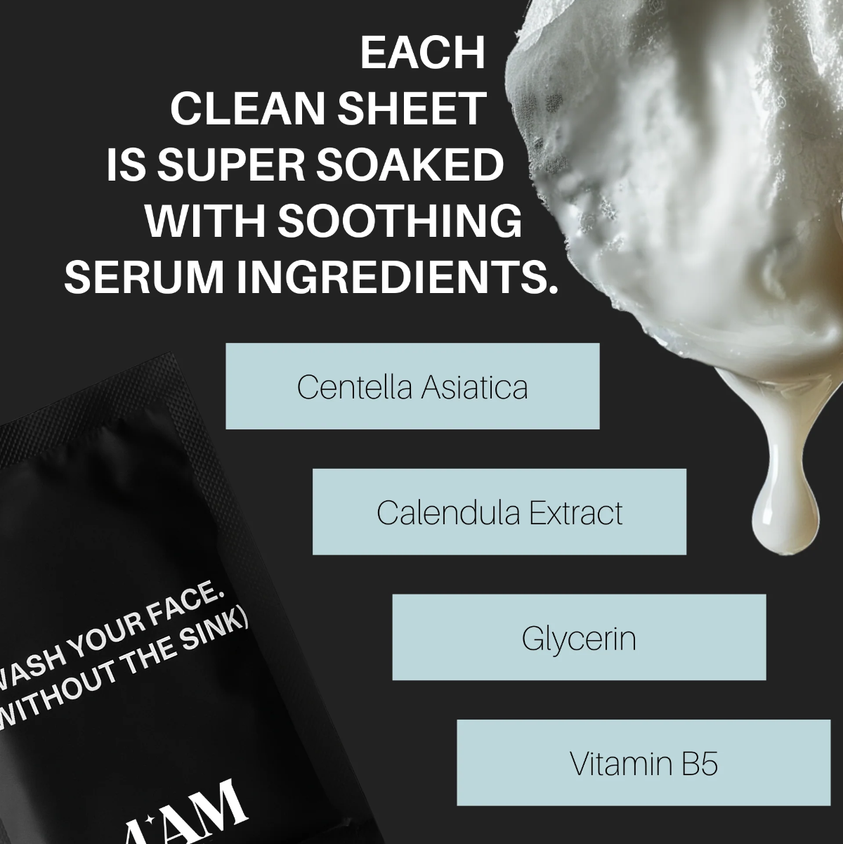Advertisement for a facial sheet mask with text about soothing serum ingredients and brand name.