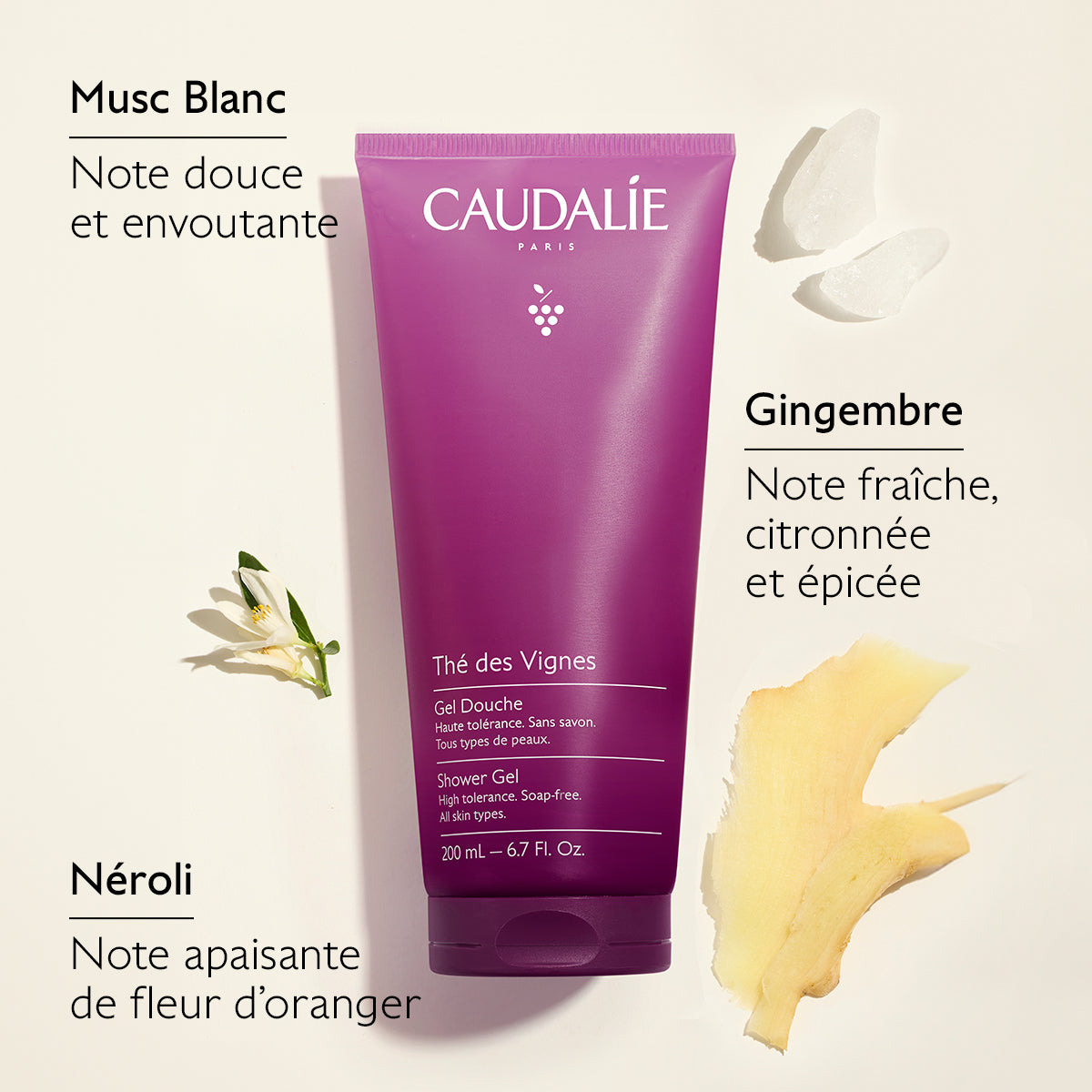Caudalie shower gel tube with botanical elements on a light background