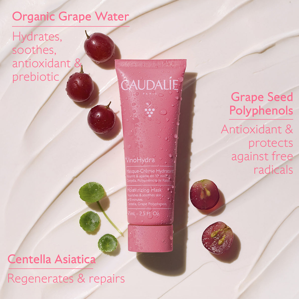 Caudélé skincare product with grapes and text on a light background