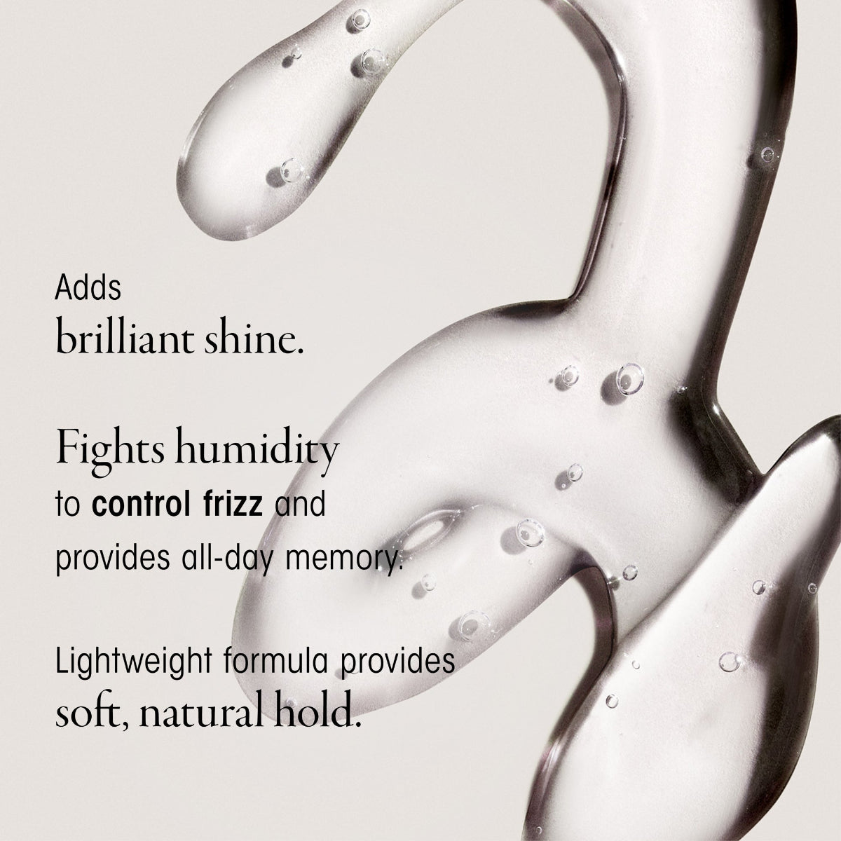 Close-up of glossy hair product with text describing its benefits on a white background