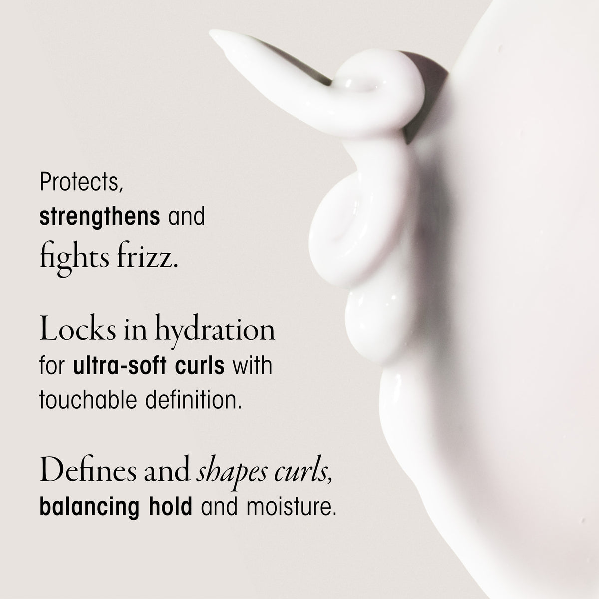 White hair product with text describing its benefits on a light gray background