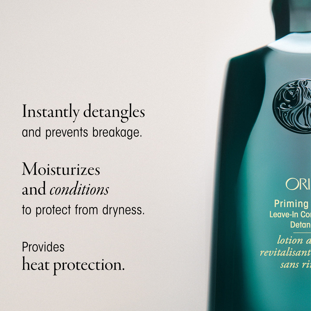 Oribe Priming Lotion bottle on a gray bacground with list of product properties.