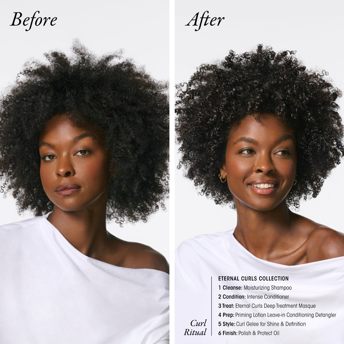 Before and after comparison of a woman's hair with product names listed.