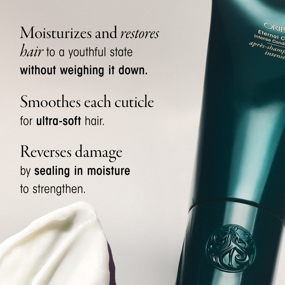 Eternal Curls Intense Conditioner bottle and swatch on a light gray background with product properties listed.