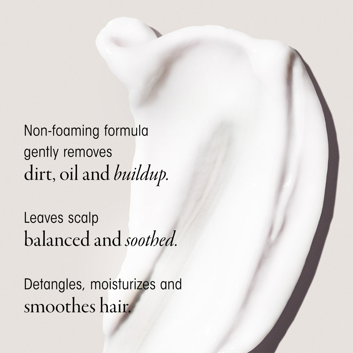 Product swatch over a neutral background with text about hair care product benefits.